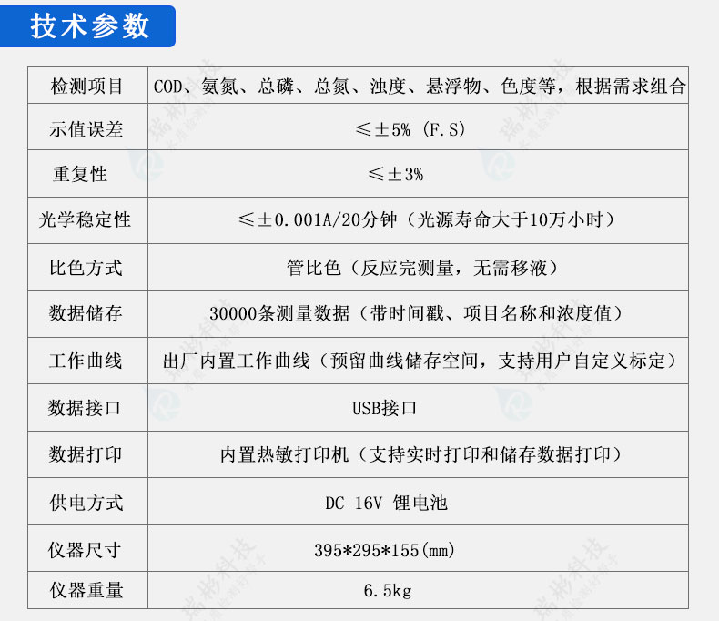 便攜式多參數(shù)水質測定儀技術參數(shù)